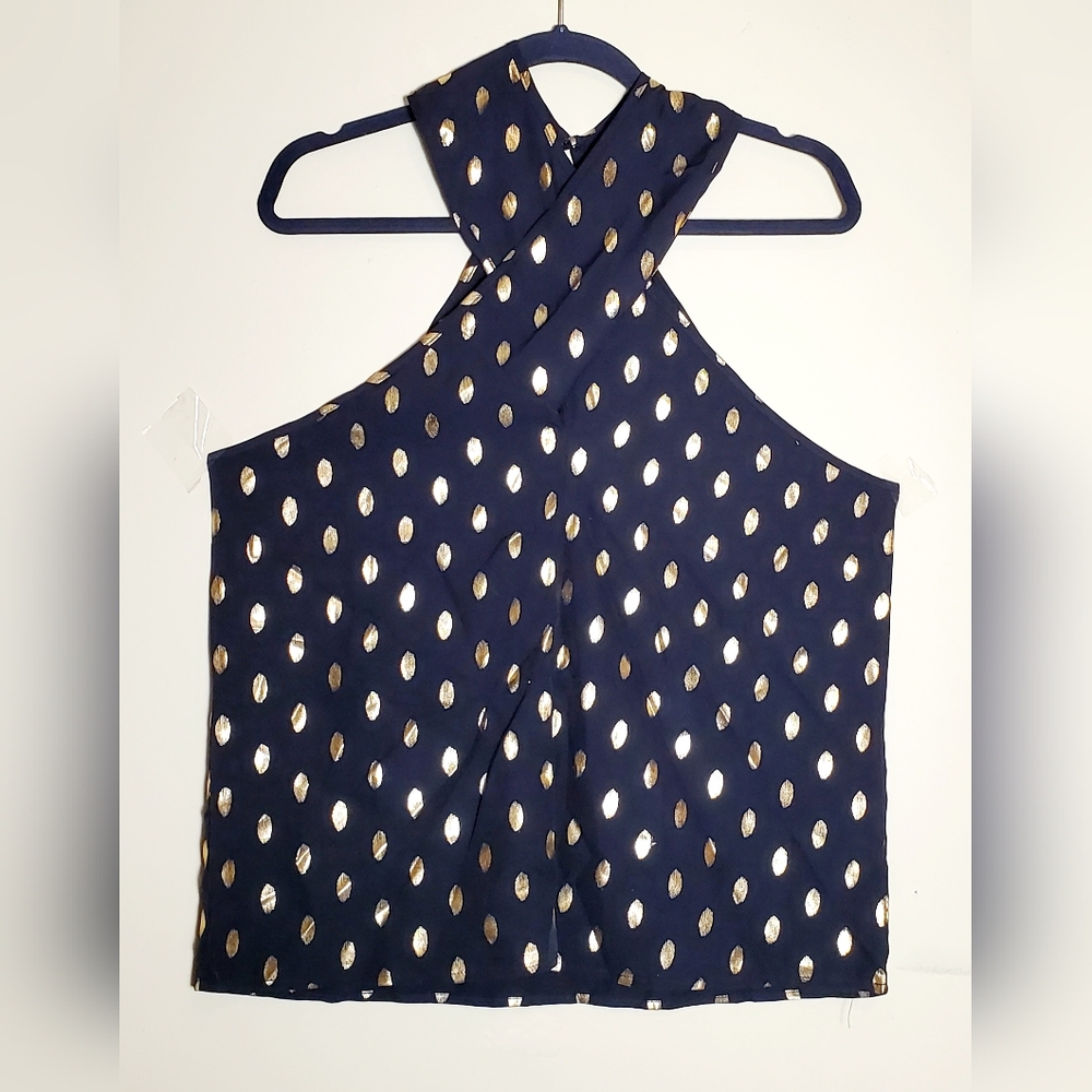Navy Sleeveless Halter Top with Gold Dot Detail
